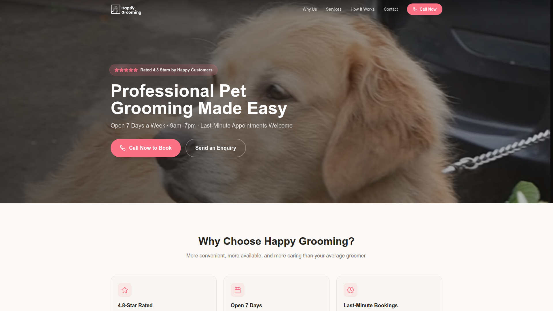 Custom responsive website design portfolio by Daniel Wright - happygrooming.co.uk - Professional pet grooming service with booking integration